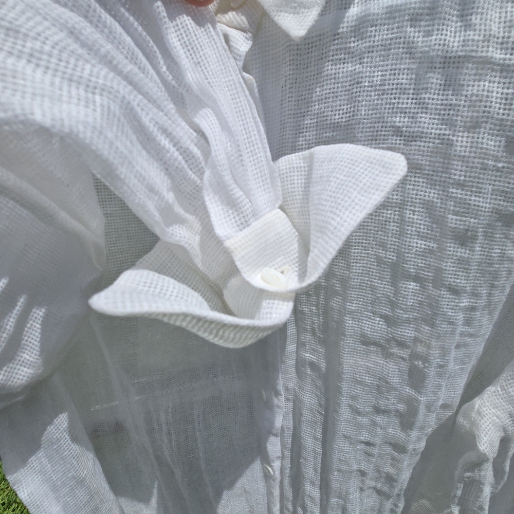 White Sheer Button Down Open Weave Button Sleeve … - image 2